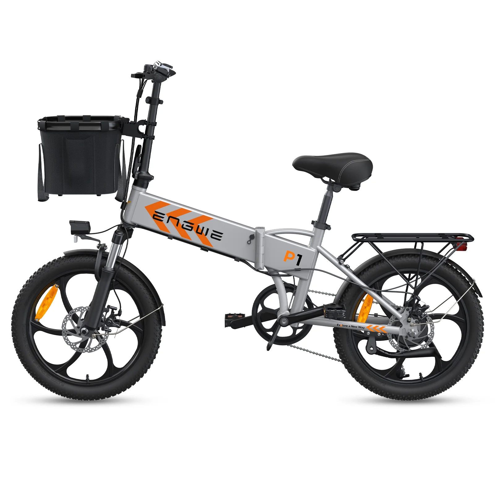 ENGWE P1  Silver Folding Electric Bike 20*2.3 inch Wide Tires 250W Motor 36V 13Ah Battery 25km/h,Dual Disc Brake Shimano 7 Gears