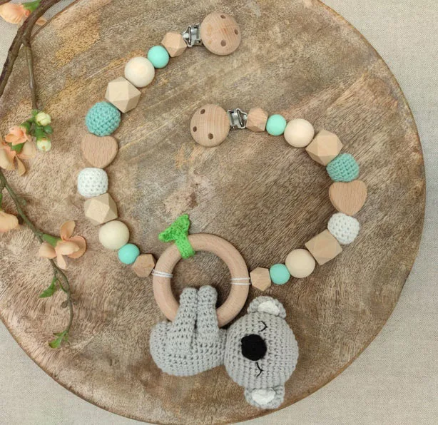 OEM Baby Teether Stroller Pendant Pacifier Chain Rattle Pram Clip Crochet Beads Wooden Animal Nursing Toy