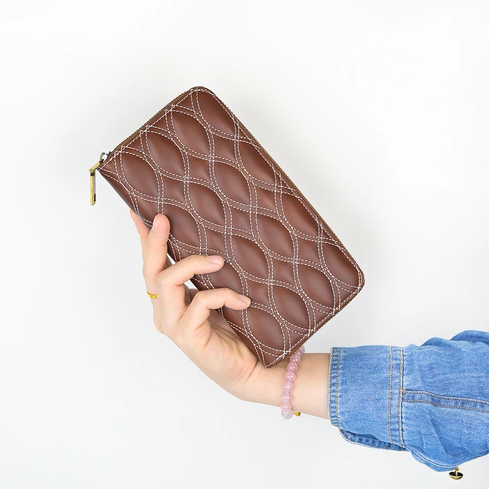 custom fashionable ladies quilted genuine real cowhide leather RFID zipper purse wallets for women