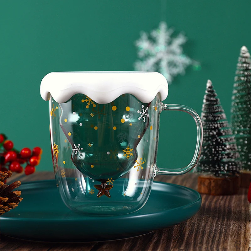 Christmas Gifts High Borosilicate Glass Christmas Tree Shaped Double Layer Glass Cup With Lid and Handle Beverage Milk Use