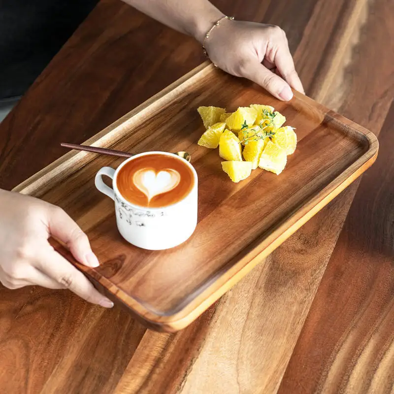 Wholesale Rectangle Wooden Dish and Plate For Serving Snack Appetizer Nuts Acacia Wood Tray Set