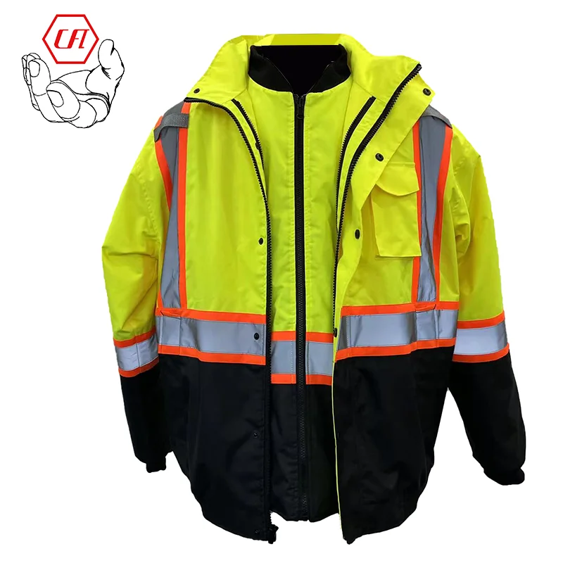 Hotsale Mens High Visibility  4 in 1 Bomber Jacket Refllective Safety Coat Reflective Clothing