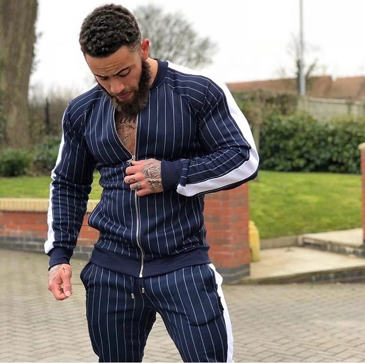 New style casual  fitness workout gym set strips mens plain tracksuit