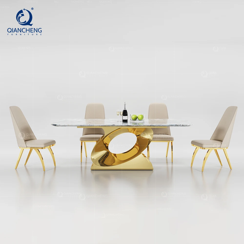QIANCHENG latest design modern european style dinning tables wholesale price fancy real natural stone dining table set
