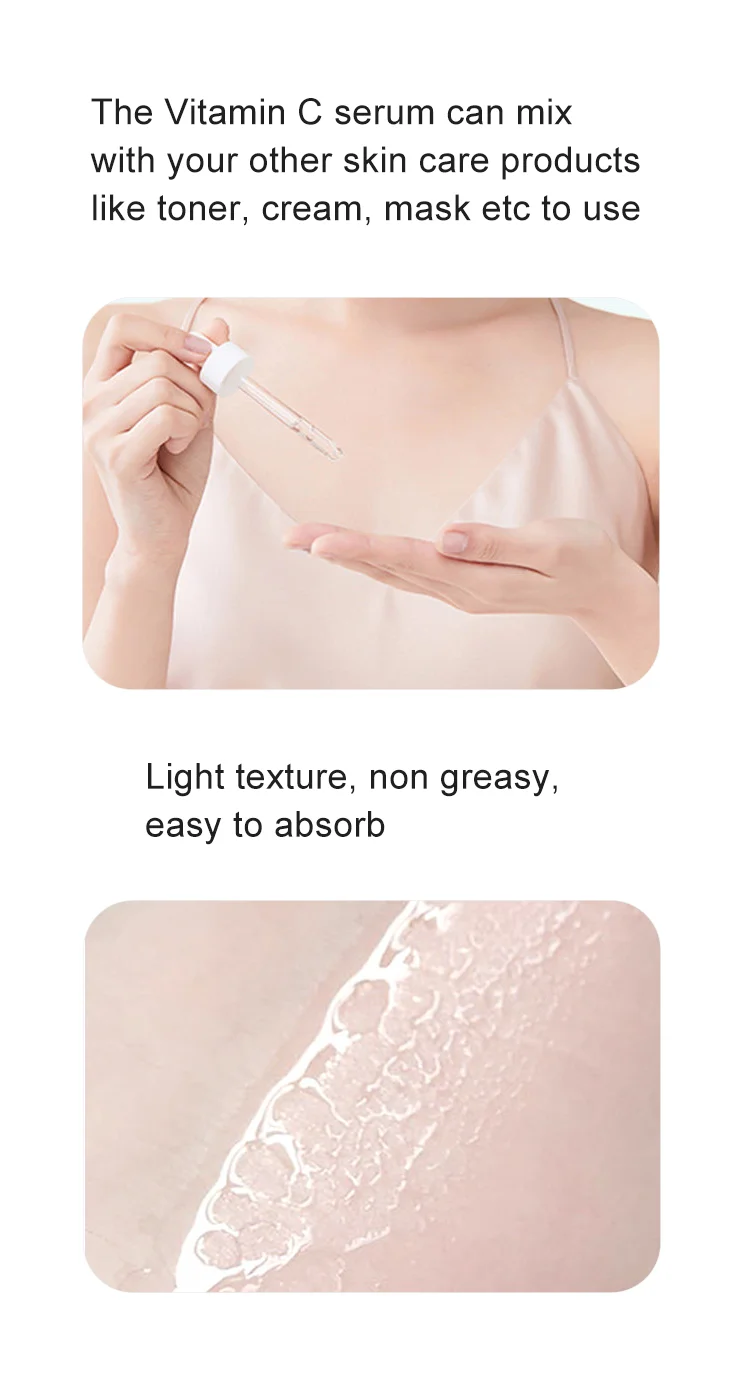 Cosmetics factory OEM freckle fading reduce wrinkle aging whitening vitamin c serum with 15% L- ASCORBIC ACID