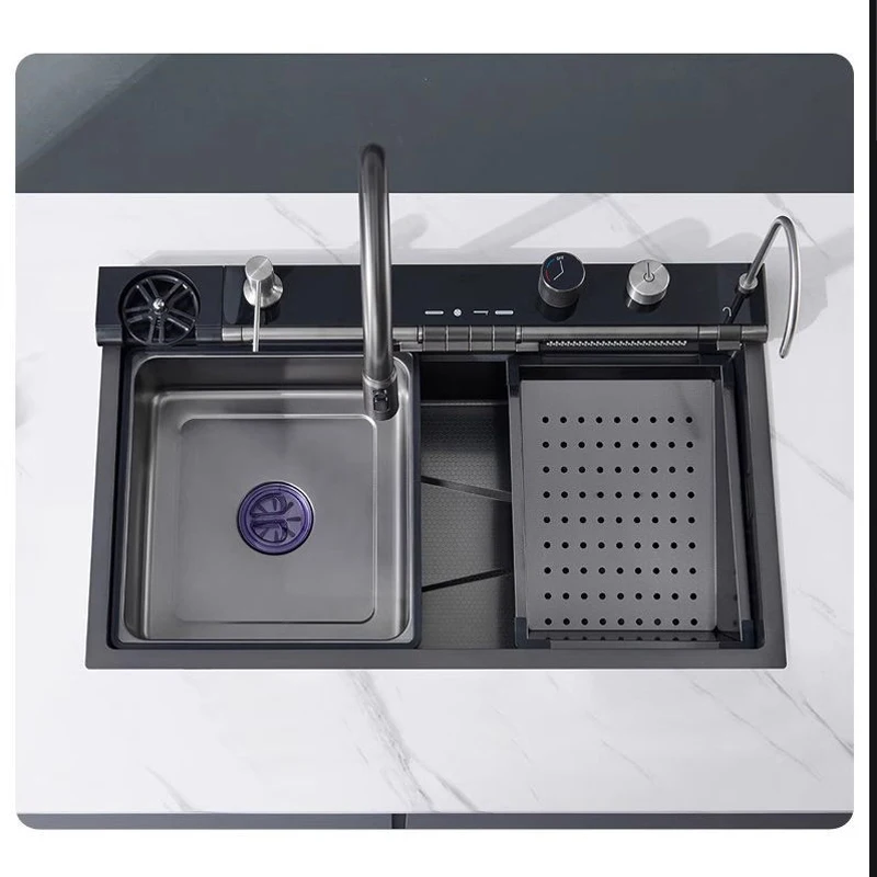 Factory Multifunction Black Grey Sink Waterfall Digital Display Fly Rain Pull-Out Faucet Single Bowl Kitchen Sink Set