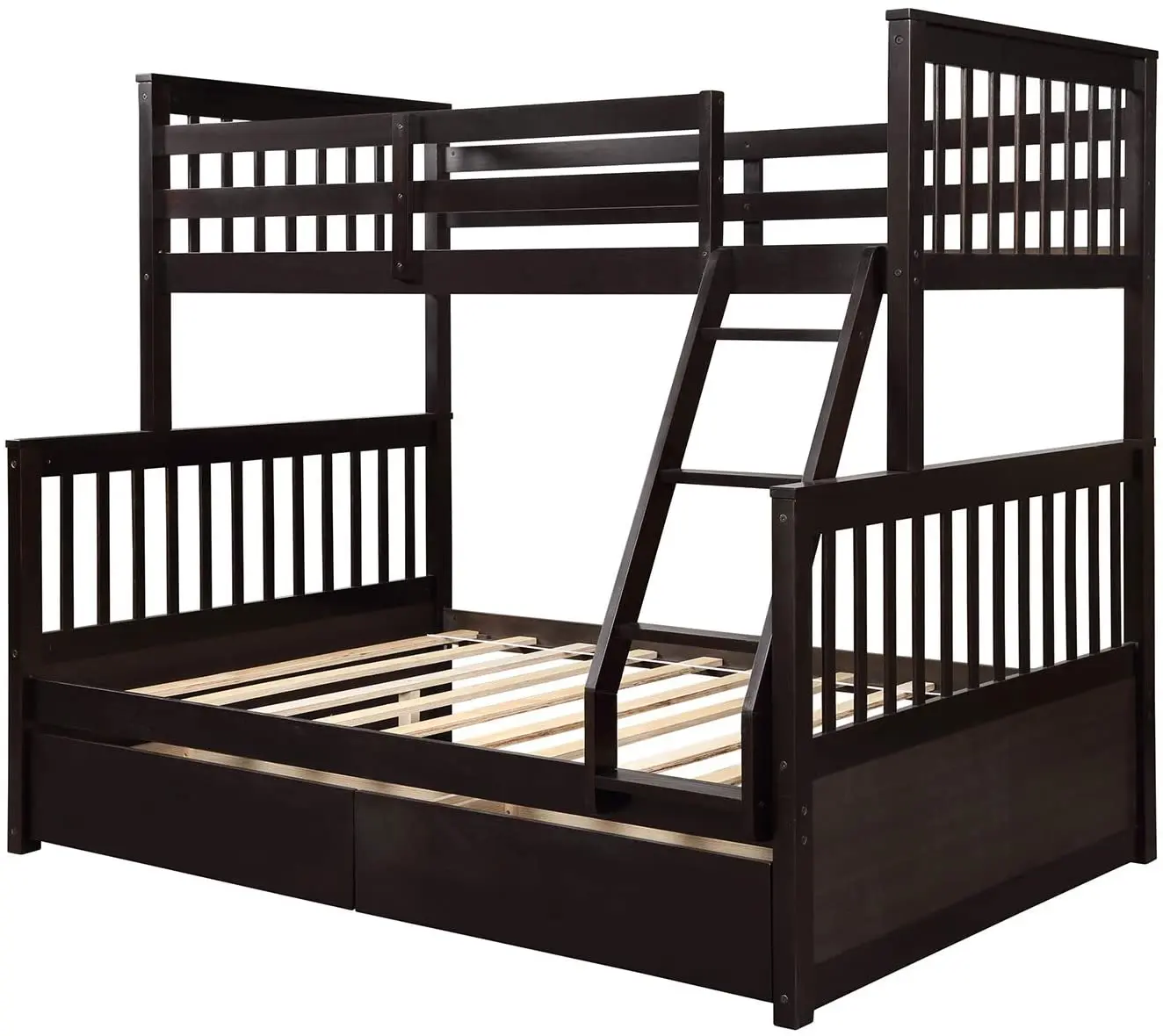 
NO.KA701 Solid Wood Bunk Bed Twin Over Full for Kids with Ladders and 2 Storage Drawers 