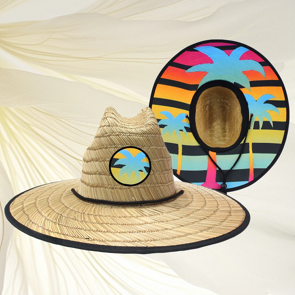 Bulk Custom Logo Lifeguard Big Wide Brim Hawaiian With Drawstring Summer Beach Surf Life Guard Straw Hat For Men