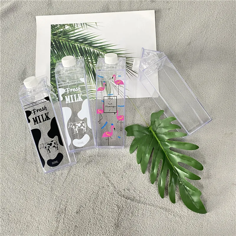 17oz 500ml 34oz 1000ml Milk Carton  Milk Carton Shaped Double Wall Clear acrylic plastic Milk Bottles with Screw cover
