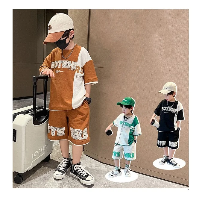 New arrival summer casual teen Boys Clothing Sets short sleeves letter t-shirt + casual shorts2 Pieces outfits for kids