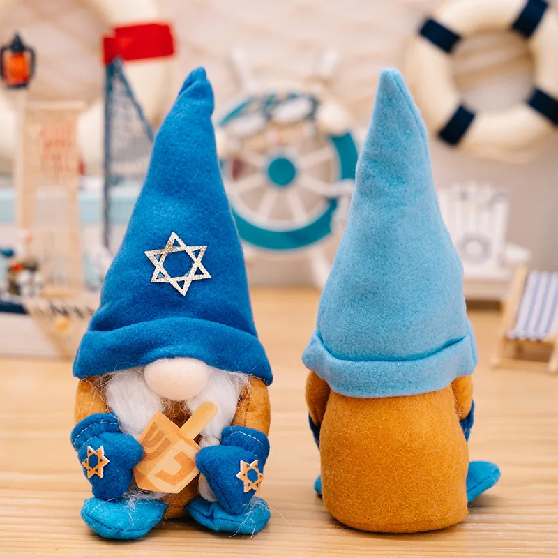 Hanukkah Decoration Ocean Blue Couple Dwarf Faceless Doll Holding Candlestick Chanukah Jewish Ornament Handmade Home Decoration
