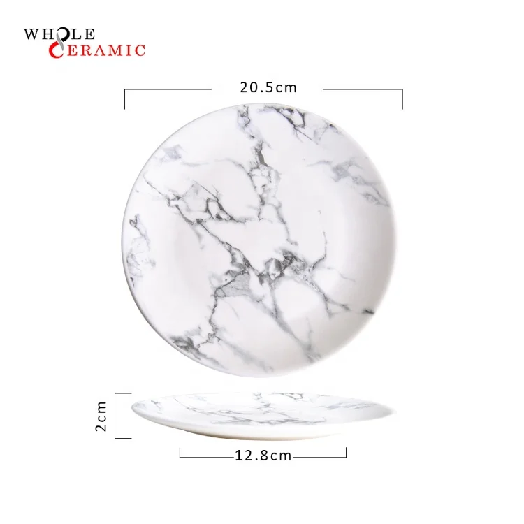 WtP01 Restaurant Dinner Pizza Decor Dessert Charger Serving Dishes, White And Black Marble Crockery Ceramic Plate Set