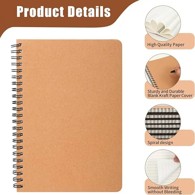 A5 Spiral Bound Notebooks 60 Sheets 120 Pages Kraft Paper Cover Hardcover Journal Travel Notepad Bulk Office School