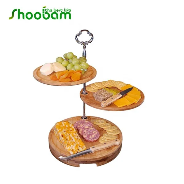 Bamboo 3 Tiered Stand Cheese Board Knife Set for Weddings and Parties