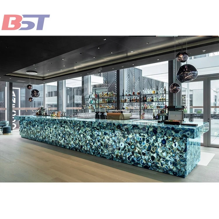 Custom Restaurant Pub Hookah Lounge Bar Nightclub Furniture Onyx Stone  illuminated Led Liquor Wine Bar Counter