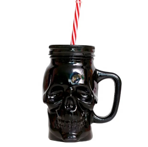 Wide Mouth Colored Skull Shape 500 ml Glass Mason Jar Mug With Handle Lid Straw