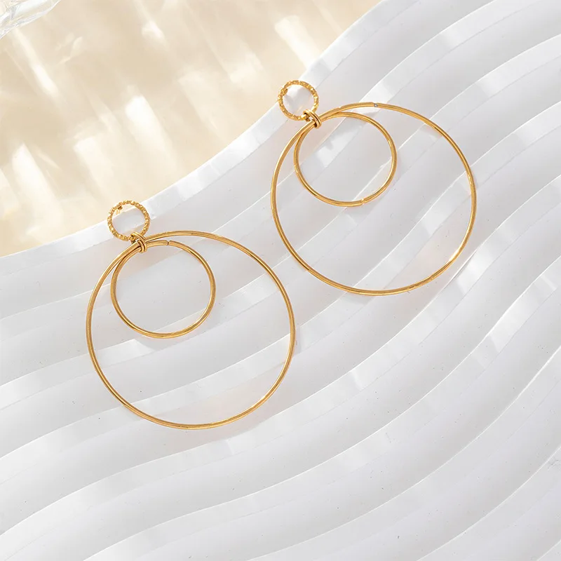QS 2024 New arrival multi-layer circle earrings 18K real gold stainless steel Exaggerated geometric earrings drop women