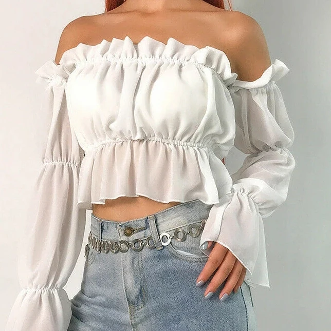 Wholesale Long Sleeve Party Club Shirts Female Streetwear Chiffon Women Top White Crop Top