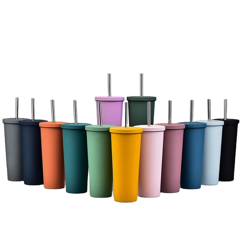 Large capacity 700ml double wall vacuum stainless steel skinny straw tumbler 2022 logo custom accept with Love silicone plug