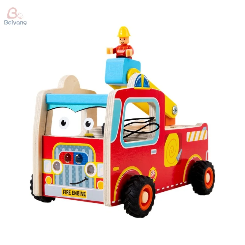Wooden Fire Truck with Sound and Light Screws and Nuts Kids Educational Wooden Toys LED Light Switch Children Wooden Vehicle Toy