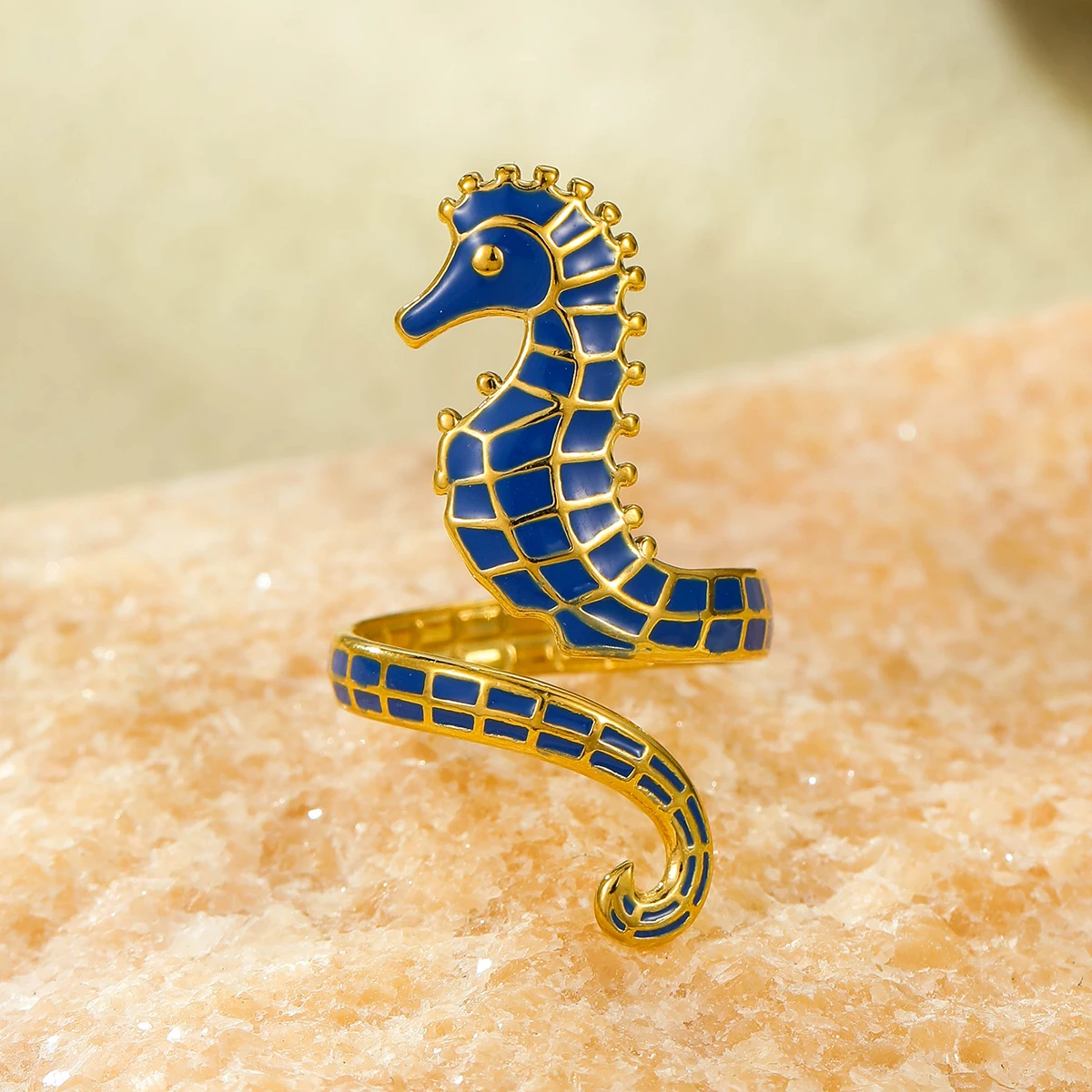Ocean Series Beach Stainless Steel Summer Breeze Colorful Drip Oil Seahorse Ring INS Small Specialty Jewelry for Women
