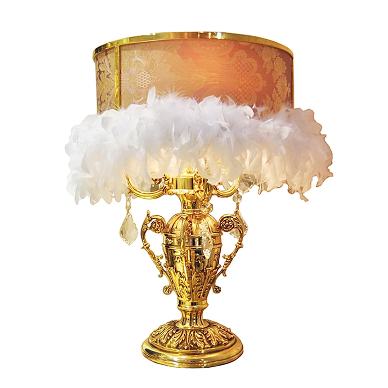 Classic Baroque Style Gilt Bronze Pedestal Feather Ornate Table Lamp with Beautiful Drum Lampshade