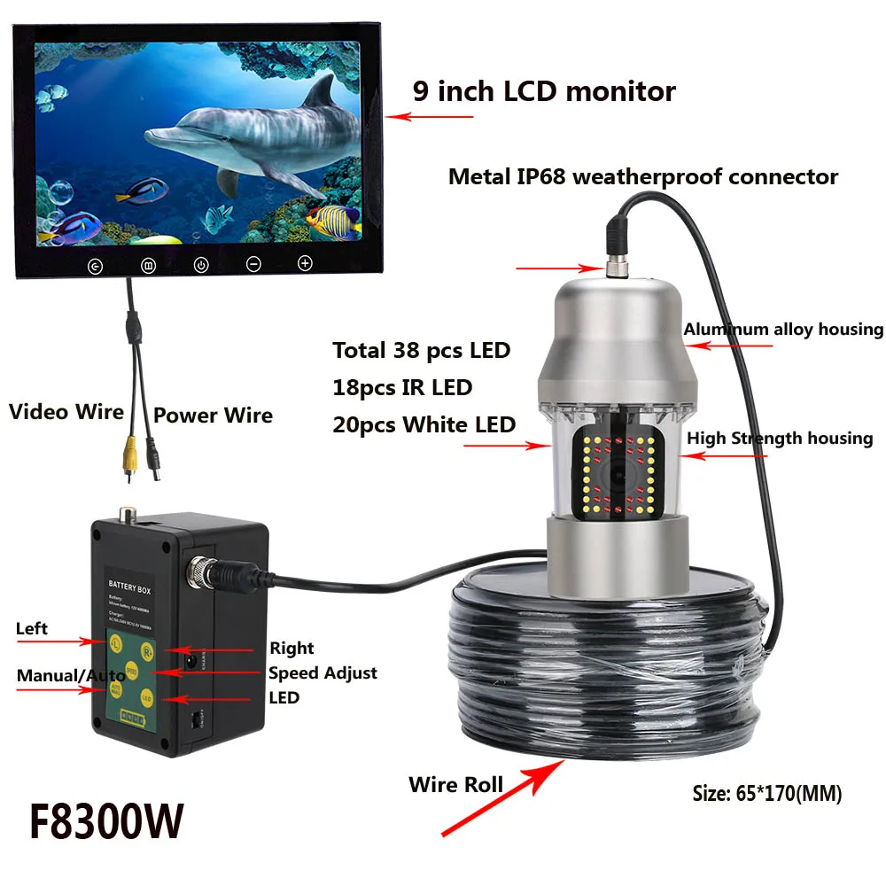 50m 360 Degree Rotating Underwater Fishing Camera Fish Finder with 9 inch Color IP68 Waterproof 38 LEDs