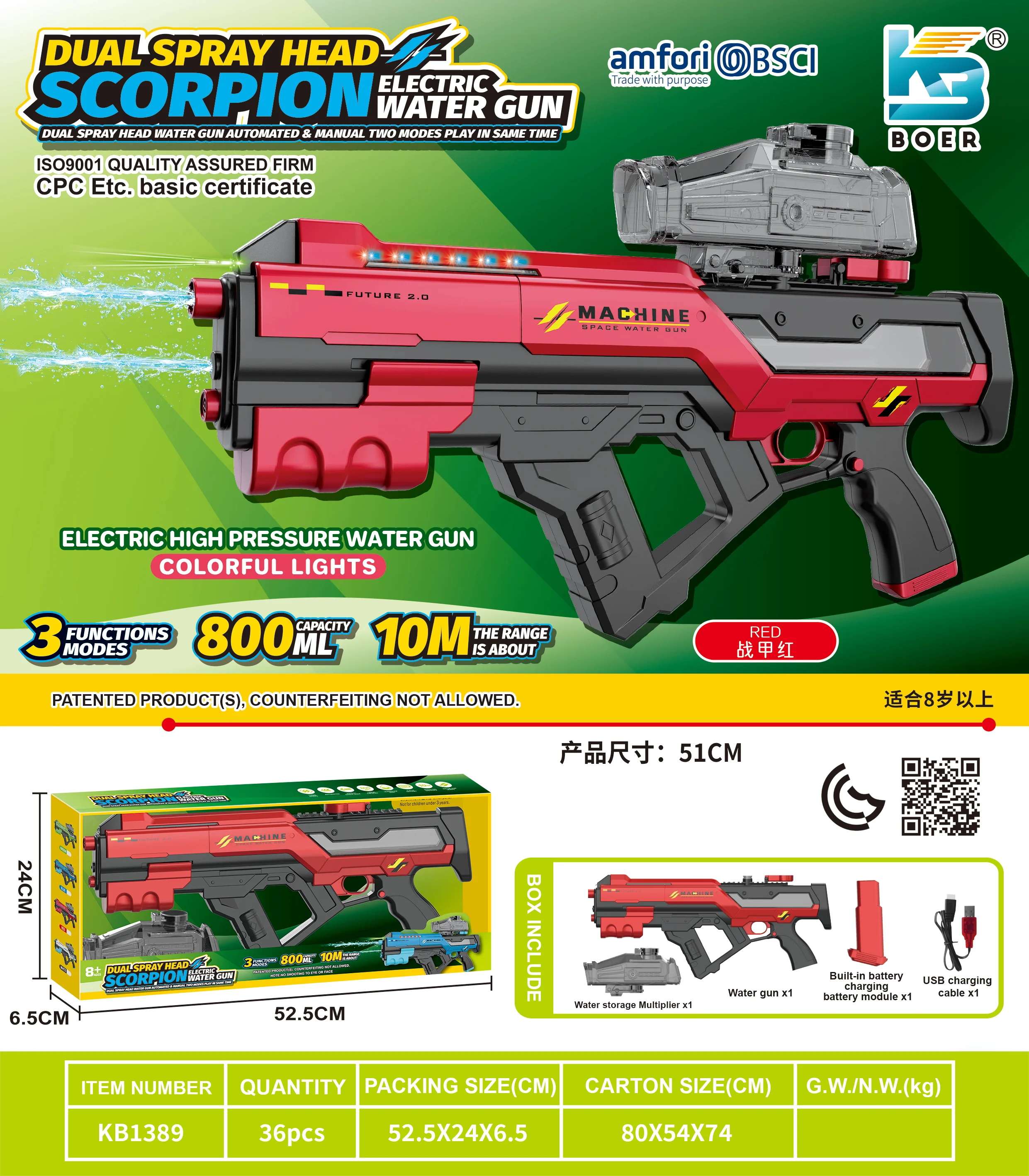 3 in 1 Powerful Water Gun with Light Electric Water Gun for Kids 800ML Large Capacity Automatic Water Squirt Gun