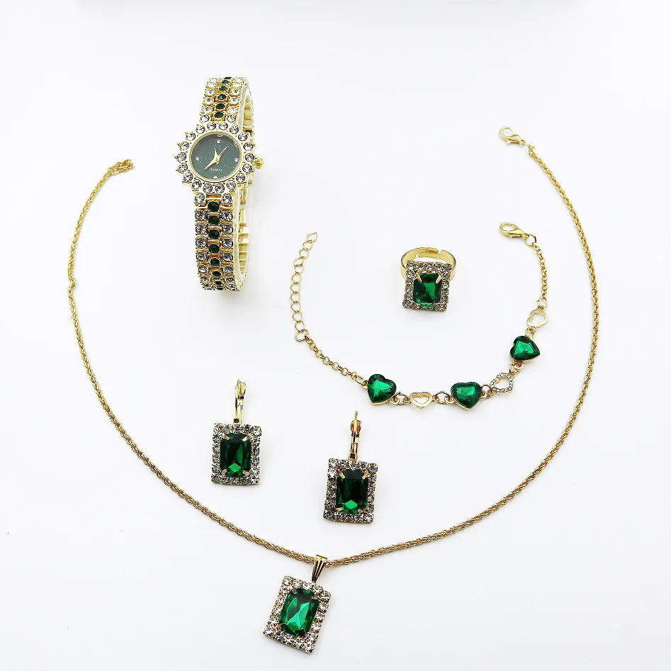 YuSa710 Women Watches Green Face Rhinestone Quartz Watch Sparkling Analog Wrist Watch & 5pcs Jewelry Set Bracelet Necklace