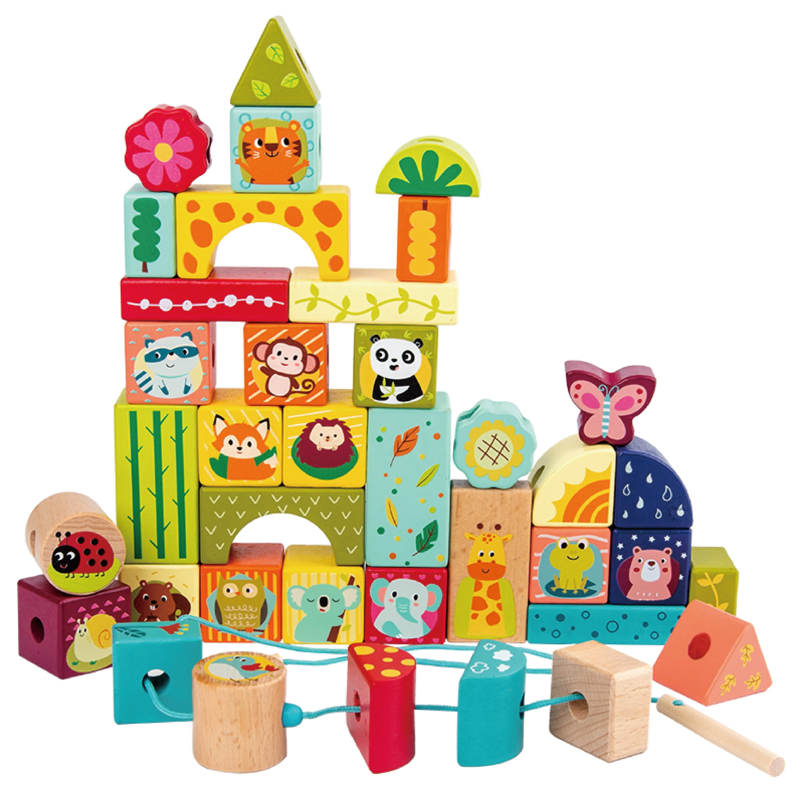 Cloudbud  Amazon Hot sell Wooden Building Blocks And Lacing Beads Set  38pcs for  2 years old kids