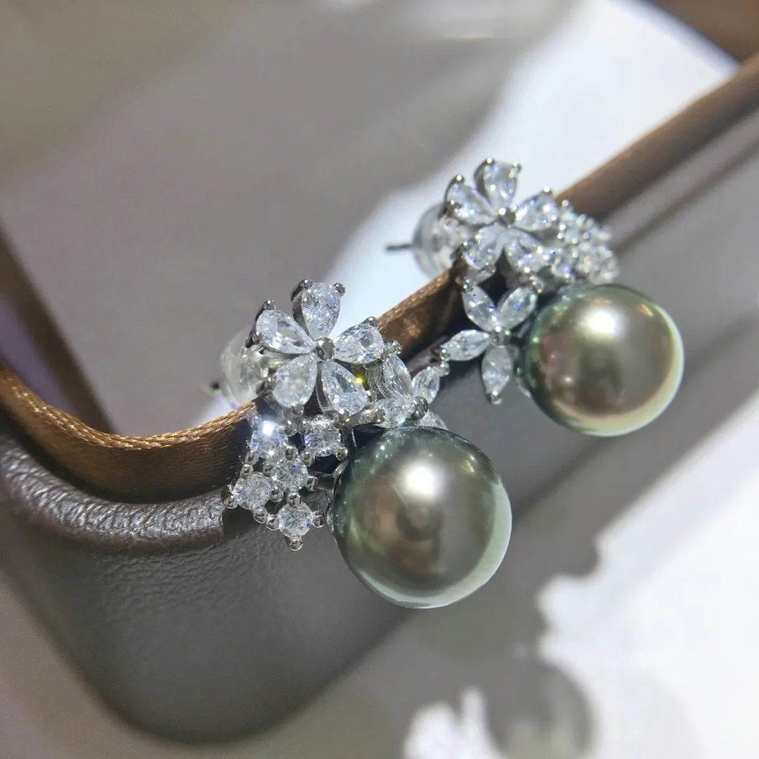 8mm Generous Black Tahiti Pearls Round Shape Freshwater Artificial Zircon Jewelry Pearl Earrings  Elegant