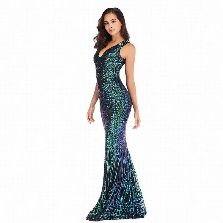 2019 Female Apparel Sequins V-Neck Sleeveless Mermaid Dress Evening Gown