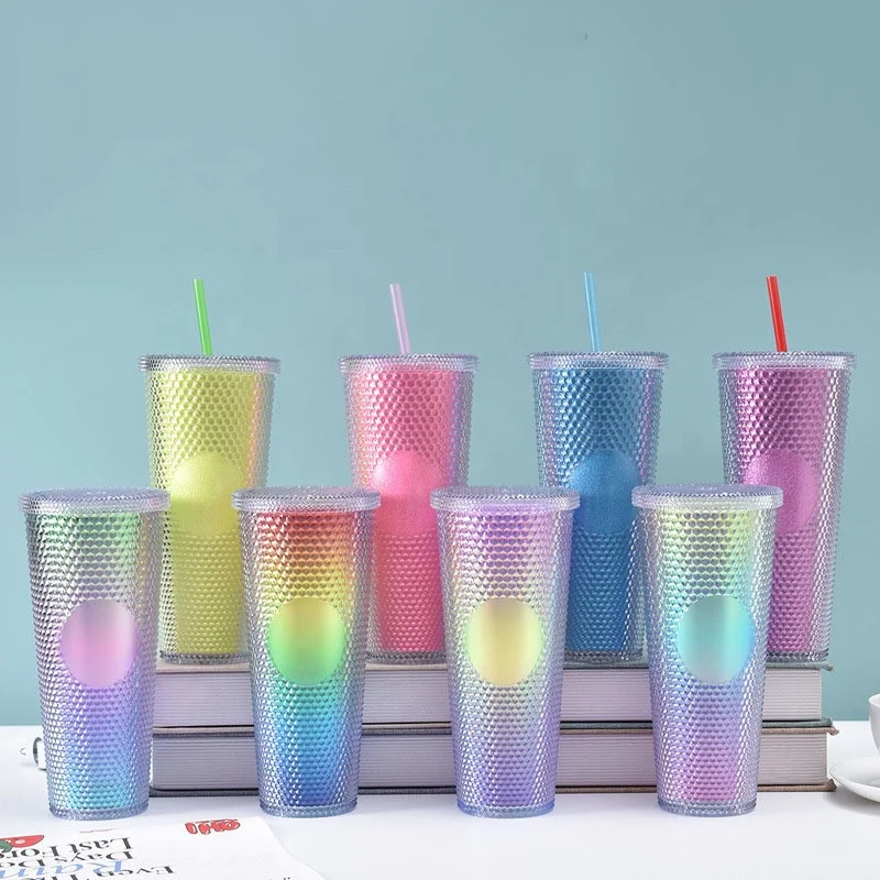 24 oz double wall plastic acrylic reusable cold drinking durian cup matte studded tumbler 24oz with lids and straws
