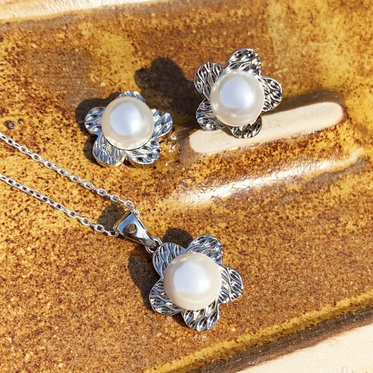 925 Sterling Silver Flower Shape Pearl Jewelry Set Necklace and Earrings White Gold Plated Women Fashion Gifts