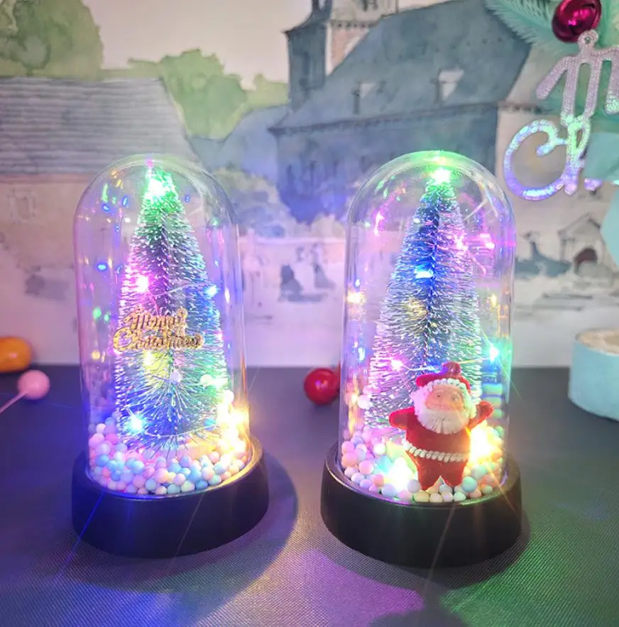 Light Up Artificial Mini Christmas Tree LED String Pine Sisal Trees with Wooden Base in Clear Case Home Xmas Holiday Party Decor