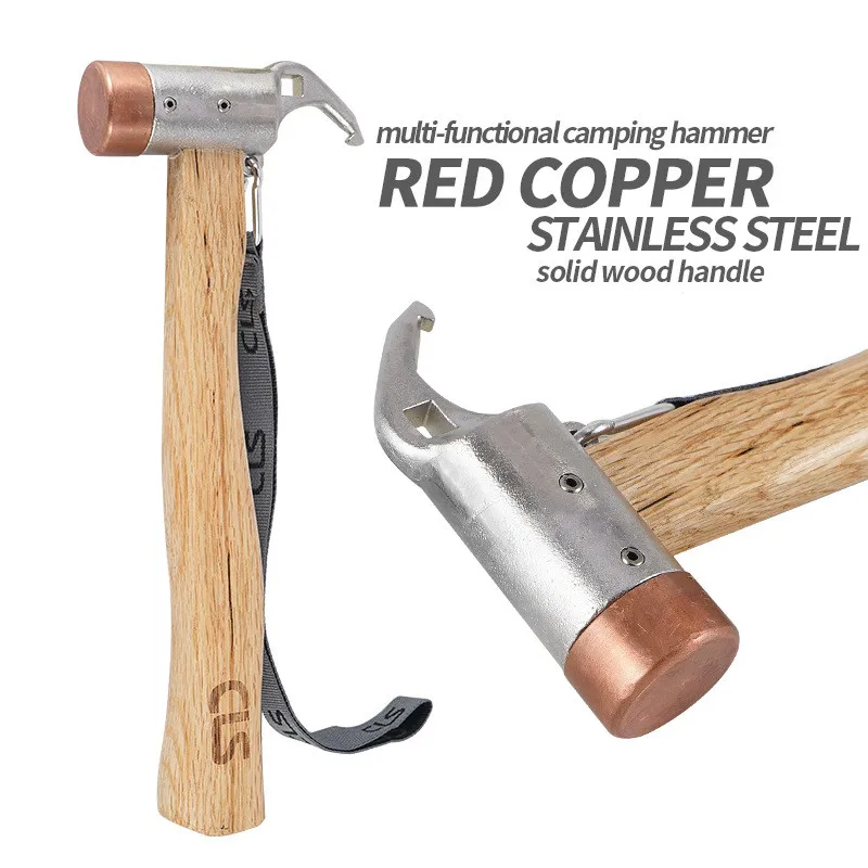 Mydays Outdoor Hot Sale Camp Hammer with Brass Head Wooden Handle Steel Pick End And Woven Strap