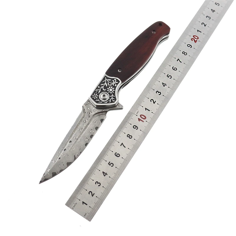 Damascus steel blade camping survival pocket damascus fold knife with leather sheath