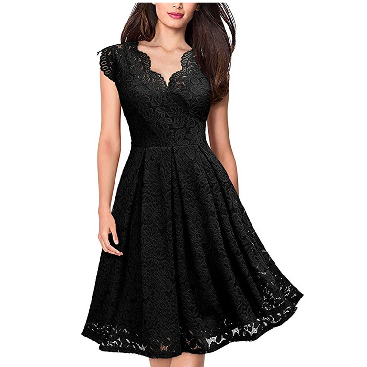 Hot Selling Elegant Casual Dresses Women Clothing Party Bridesmaid Dress Vintage V-neck Plus Size Lace Evening Dress