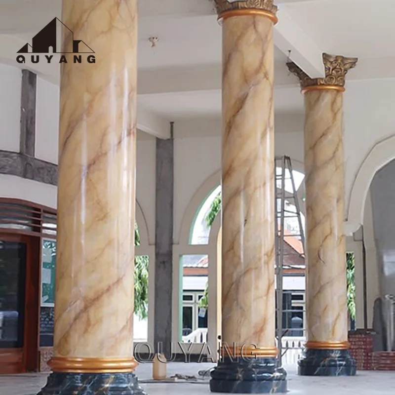 QUYANG Morden Luxury Building Decoration Indoor Outdoor Natural Stone Round Pillar Sunset Red Marble Column For Sale