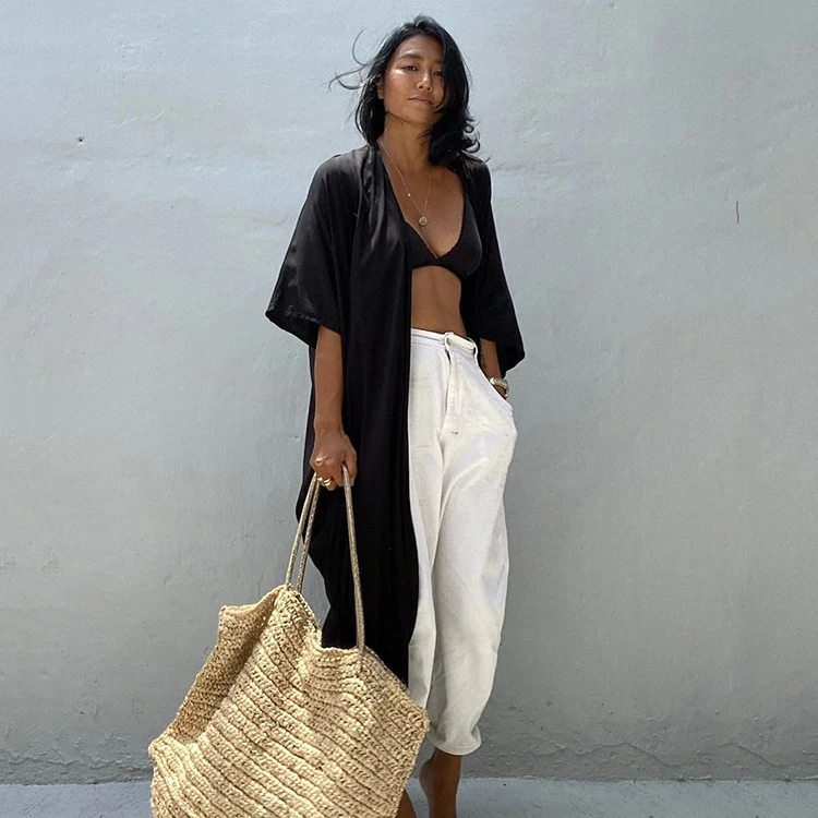 Cover Up Swimwear Rayon Solid Color Short Sleeves Printed Japanese Kimono