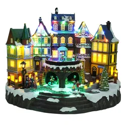 Christmas decoration desktop ornament plastic village house music box led lantern snow globe for home decor gift