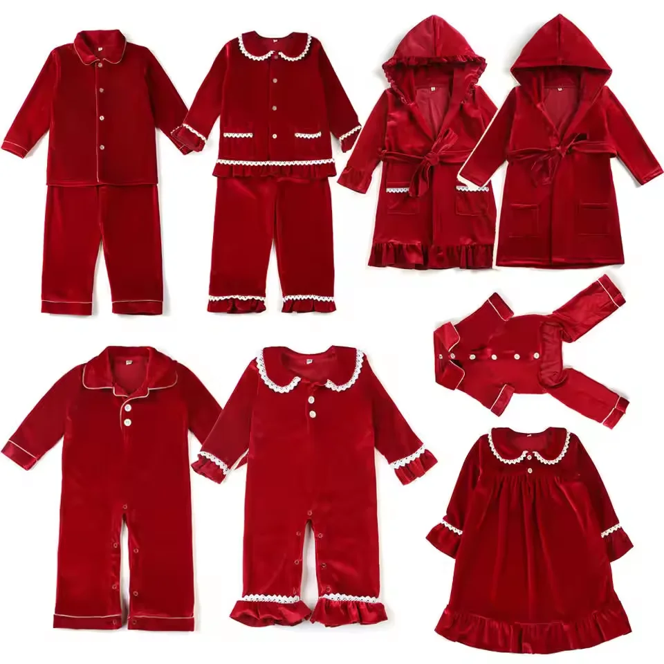 Personalized RTS Christmas Family Matching Pyjamas Set Soft Velvet Button Down Boy Girl Adult Pajamas Ruffle Lace Night Gown