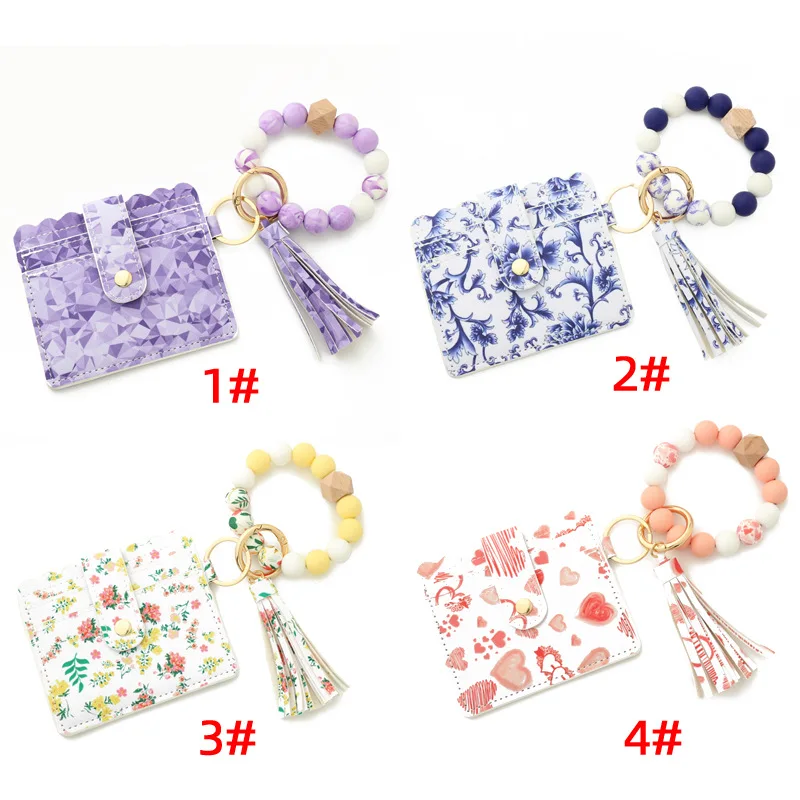 Wholesale Silicone Bead Wallet, Keycahins Bracelet Tassel And Beads Keychain Support Custom Key Ring/