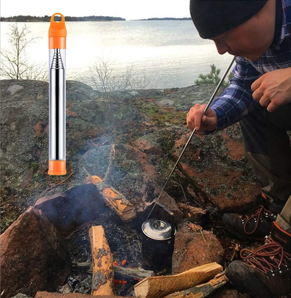 Outdoor Camping Stainless Steel Pocket Bellow Fire Blower Telescopic Fire Blower