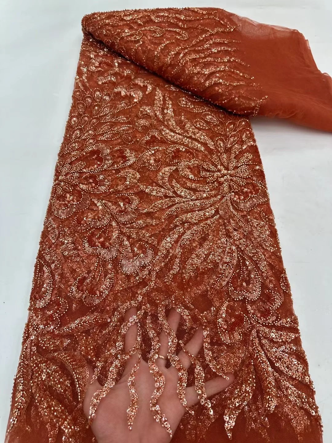 NI.AI Luxury Leaf-Shaped Beaded Net Lace High Quality Embroidered Sequins Lace Fabric with Pearls for Wedding Dress Materials