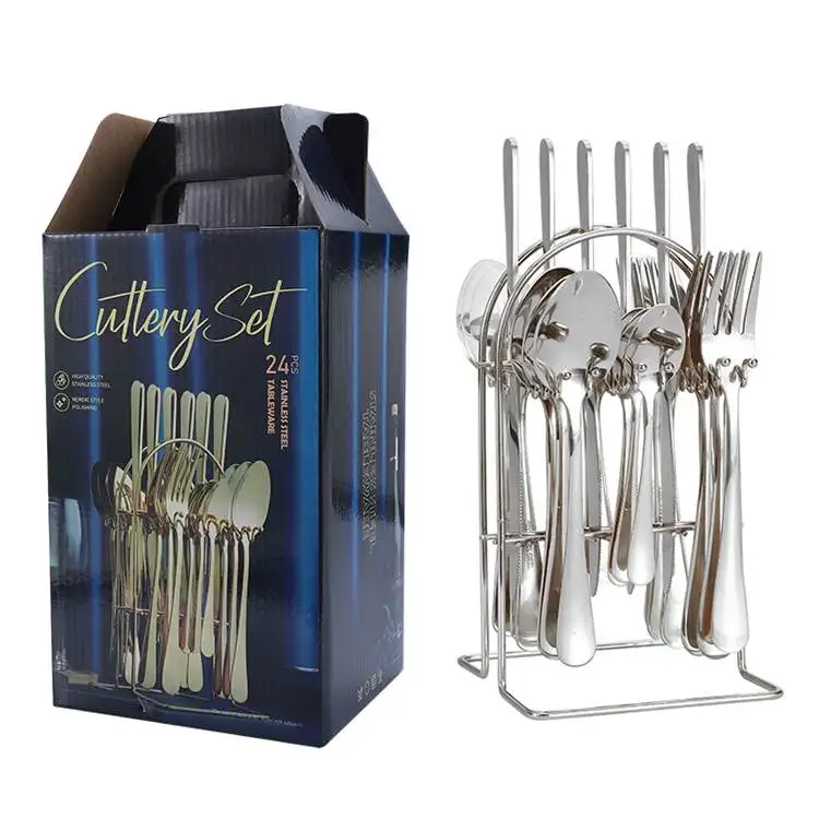 Wholesale Steak Knife Fork Spoon Dinnerware Tableware 24 Pcs With Holder Western Flatware Stainless Steel Cutlery Set