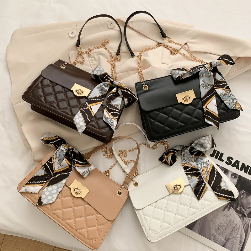New Ladies Shoulder Bag Fashion Trendy Silk Scarf Bag Women Temperament Solid Color Large-Capacity Diamond Chain Handbags Women