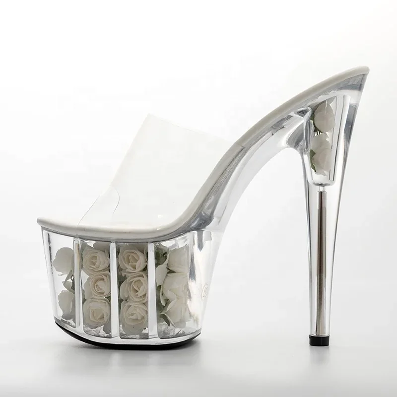 about 7 inch transparent heel slide sandals sexy Rose Crystal Love 17 cm super high heels platform high heels nightclub
