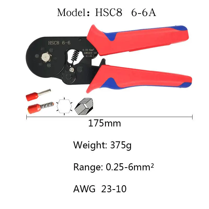 23-7AWG Quadrilateral Ratcheting Ferrule Crimping Plier 0.25-10mm Steel Wire Crimper Tool  Connectors