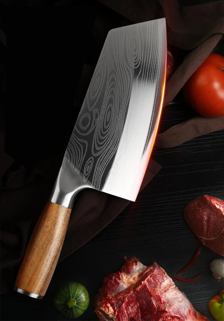 Xingye OEM 4Cr13 нержавеющая сталь лазерный дамасский узор деревянная ручка 8 дюймов шеф-повара мяса измельчитель нож для овощей измельчитель